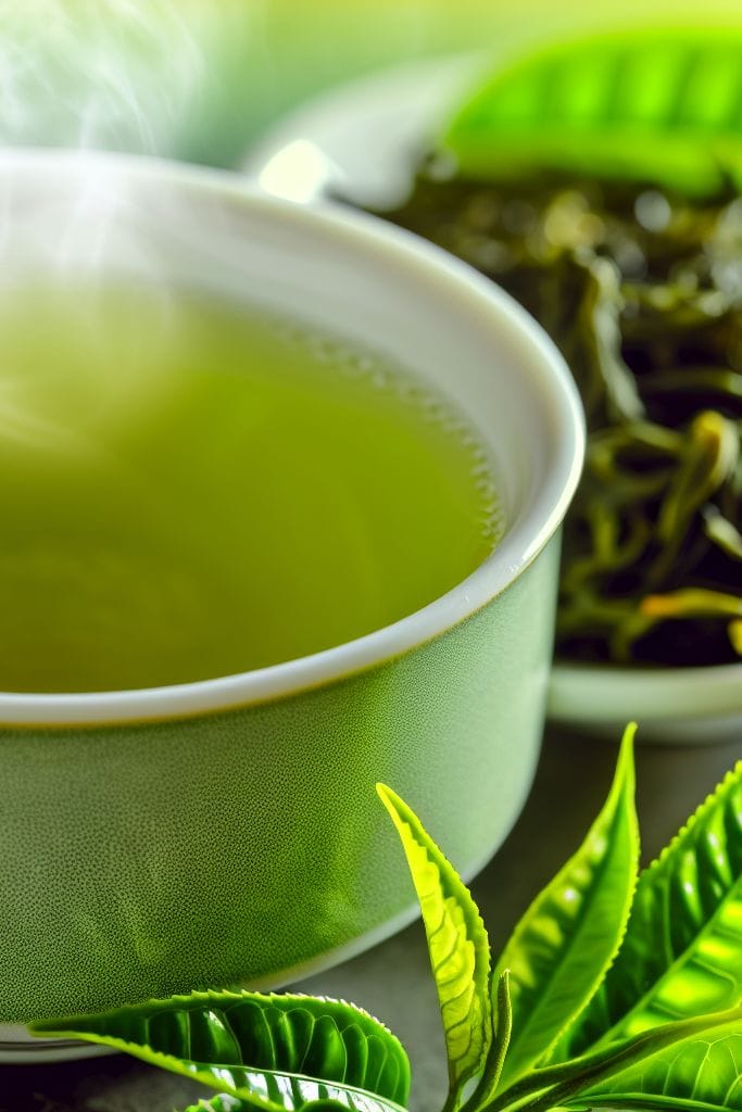 Steaming cup of Kenyan green tea with fresh tea leaves