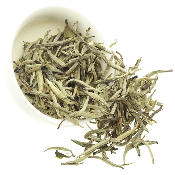 Silver needle style Kenyan white tea buds in a white bowl